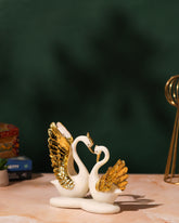 White Swan Couple Statue with Golden Wings